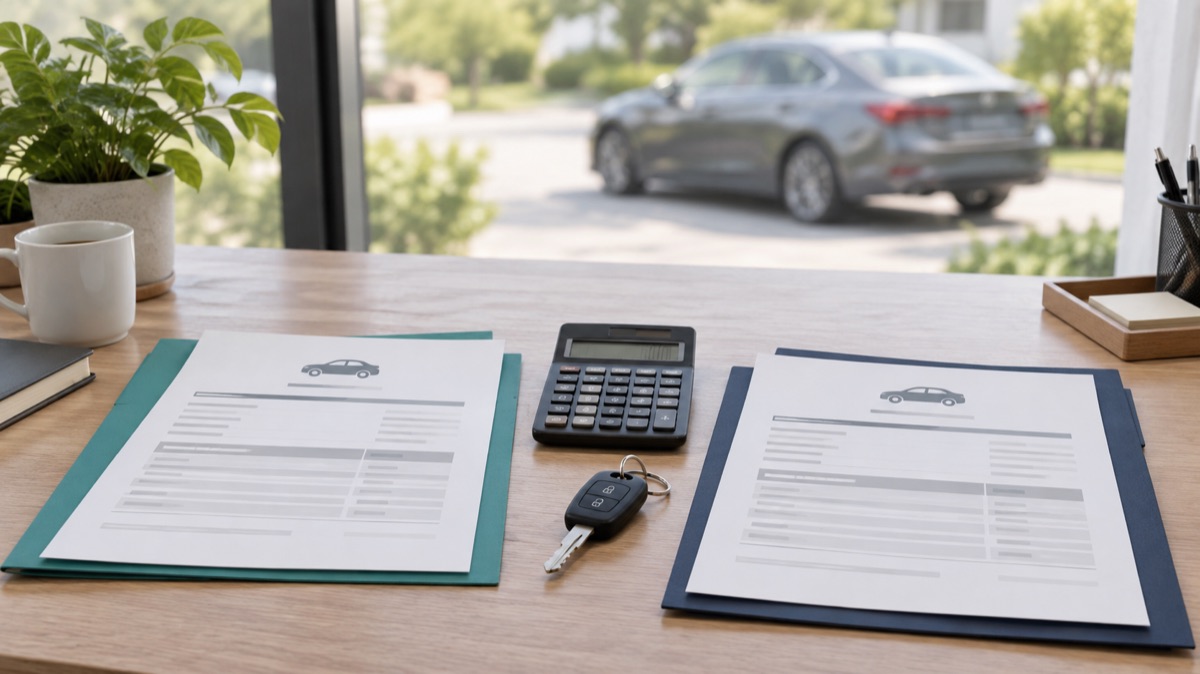 Two written car financing proposals beside a calculator and car keys