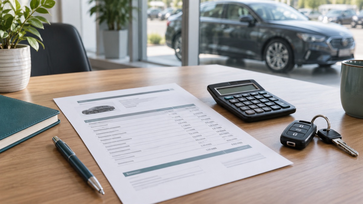 Itemized car purchase quote beside a calculator and car keys
